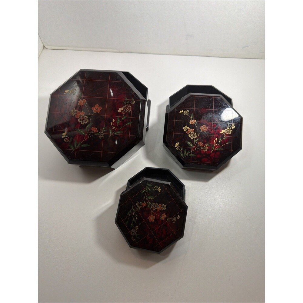 Vintage Oriental Floral Red Maroon Plastic Hexagon Nesting Trinket Boxes Box MCM